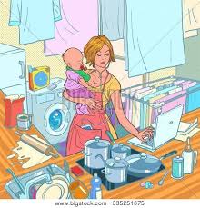 Mother working in kitchen drawing. Modern Mother Child Vector Photo Free Trial Bigstock