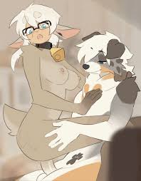 woolrool, original, animated, animated gif, highres, 1boy, 1girl, :o,  animal ears, black-framed eyewear, black fur, body fur, breasts, brown fur,  closed mouth, completely nude, dog boy, dog ears, furry, furry female, furry