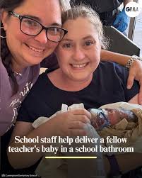 Amy Simmons, the principal of Cunningham Elementary School in Wichita  Falls, Texas, and one of her teachers, Ashley Strain, helped deliver a  fellow teacher's baby in the school's bathroom. Read more here: