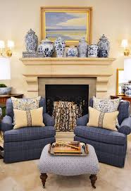Blue And Cream Living Room Vignette With Ottoman Blue And White Pots And Vases Seen Blue And Cream Living Room Blue And Yellow Living Room Cream Living Rooms