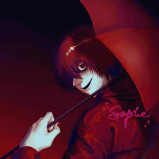 mr. scarletella, homicipher, animated, animated gif, chinese commentary,  commentary request, highres, 1boy, coat, diguayuyu, glitch, gradient  background, hand up, holding, holding umbrella, looking at viewer, looking  back, male focus, red background, red