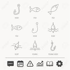 Fishing Hook And Float Icons Fish Waves Linear Signs Education