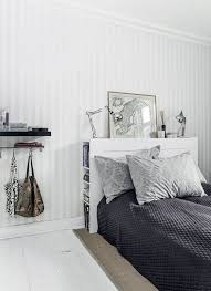 White Nordic Bedroom Decor With Stripe Wallpaper White Floor Brimnes Headboard Bedroom Decor On A Budget Guest Bedroom Decor