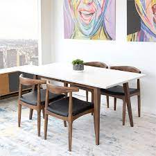 It includes one table and four chairs, all made from solid rubberwood and poplar plywood. Allora Mid Century Modern Top Dining Table In Walnut And White A 5145 1975880