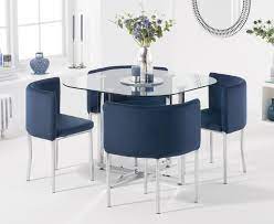 Crafted from solid rubberwood, each piece pairs bench and stools fit under the table, which isn't mentioned in the description, but is a great benefit for us and thought it was good to mention in our. Algarve Glass Stowaway Dining Table With Blue Velvet High Back Stools Blue 4 Chairs 499 00 Save Up To 38 Off