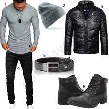 Grau Schwarzes Herrenoutfit Mit Lederjacke Boots Herren Outfit Manner Outfit Lederjacke