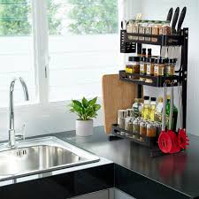 Metal kitchen sink counter units age. 2 Tier Metal Kitchen Spice Rack Countertop Standing Corner Shelf Black Walmart Com Walmart Com