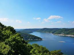 A dam reservoir, which is, really early this year, low on water. Erlebnisregion Edersee