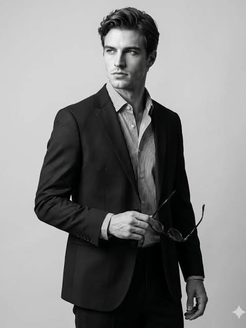 Cinematic Monochrome Editorial — Striped Shirt and Tailored Suit Monochrome Studio Portrait