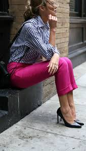 Black And White Striped Pants Outfit Ideas Men How To Wear Bright Colors At The Office With These Fuchsia Pink Pants Navy And White Striped Bo Pink Pants Outfit Pink Trousers Outfit Striped Boyfriend Shirt