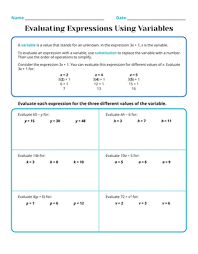 This worksheet explains how to evaluate expressions for the given value of a variable. Evaluating Expressions Using Variables Worksheet Education Com