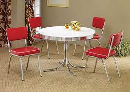 The table not only serves as a spot for eating, but it also anchors decor scheme of the room. Round Retro Dining Table W 4 Red Side Chairs Jarons
