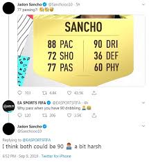 Mikkel damsgaard, 20, from denmark uc sampdoria, since 2020 left winger market value: 77 A Bit Harsh Jadon Sancho Unimpressed With Low Fifa 20 Passing Rating Daily Mail Online