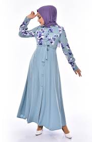 عباية بطبعة ازهار وازرار لون سماوي Chic Hanim Dresses With Sleeves Fashion Long Sleeve Dress