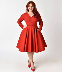 1950s Plus Size Fashion Clothing History 1950s Style Red Stretch Long Sleeve Maude Swing Dress 7 Plus Size Fashion Long Sleeve Swing Dress Plus Size Dresses