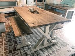 Rustic Pedestal Farmhouse Table With Benches Provincial Brown With White Distressed B In 2020 Farmhouse Table With Bench Rustic Farmhouse Table Farmhouse Table Setting