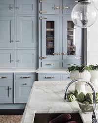 Light Blue Kitchen Cabinets White Marble Countertop And Dramatic Cabinet Hardware Come See 36 Timeless Kitchen Light Blue Kitchens White Marble Countertops