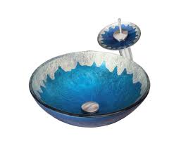 blue/silver round glass vessel sink