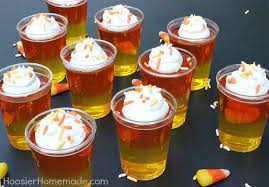 Holiday jello shots, thanksgiving jello shots, holiday party and thanksgiving recipes. Candy Corn Jello Shots Hoosier Homemade