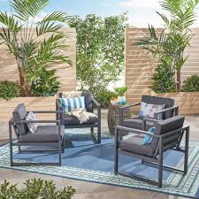 Noble House Navan Dark Gray Armed Aluminum Outdoor Lounge Chair With Dark Gray Cushions 4 Pack In 2020 Lounge Chair Outdoor Conversation Set Patio Noble House