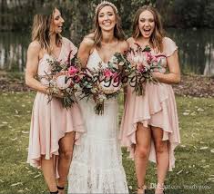 Blush Pink High Low Beach Bridesmaid Dresses 2019 Modest Chiffon V Neck Sho High Low Bridesmaid Dresses Beach Bridesmaid Dresses Knee Length Bridesmaid Dresses