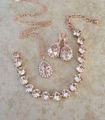 Set Pale Champagne Bracelet Earrings Necklace Swarovski Rose Gold Crystal Tennis Bracelet Bridal Wedding Jewelry Jewelry Gift Set Rose Gold Bridal Jewelry Champagne Jewelry Wedding Jewelry Sets