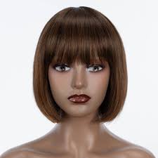 Amazon.com : Rebecca Beauty Bob Wig with Bangs Human Hair, Brown Ombre  Straight Bob Wig with Very Weak Yaki, Short Non Lace Bob Wig for Black  Women (8 ...
