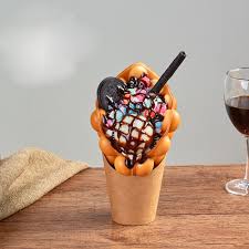 Young woman eating bubble waffle with fruits, chocolate and marshmallow, top view. Simulation Egg Waffle Ice Cream Model Fake Eggettes Puff Egg Bubble Waffle Sample Desserts Props Custom Simulation Food Model Waffle Makers Aliexpress