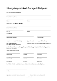 Ubergabeprotokoll Fur Eine Garage Oder Einen Stellplatz Pdf Pdf Vorlage Zum Ausdrucken