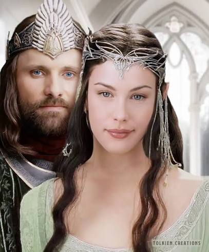 Aragorn falls in love with Arwen at first sight. Their love story is marked  by Arwen's choice to relinquish her elven immortality to live with Aragorn  and share his mortal life, ultimately