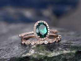 1 2 Carat Oval Emerald Diamond Halo Engagement Ring Set Marquise Design Emerald Wedding Rings Emerald Wedding Rings Set Big Wedding Rings