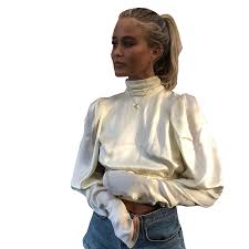 White satin, white amateur, ruffles, ruffled, ruffle, satin blouse. Turtleneck Satin Blouse Buy Clothes Shoes Online