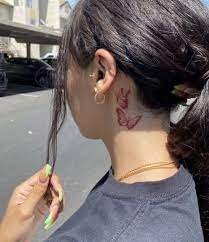 Two Red Butterfly Butterflies Tattoos Behind Ear Tattoos Neck Tattoos Women Red Ink Tattoos