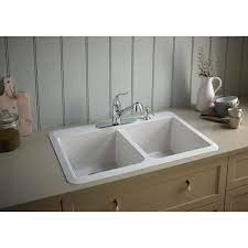 White acrylic kitchen sink drop in 33 x. Sterling Kohler Slope Acrylic Drop In Undermount Vikrell 33 In 4 Hole Double Basin Kitchen Sink In White 1042 4 0 The Home Depot