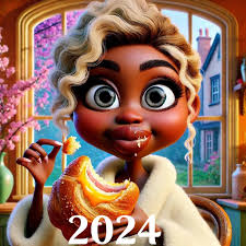 New Year Goals!😅 Create Pixar-style caricature cartoon image of a pretty  African-American woman in a fluffy cream robe sitting in a cozy kitchen  appearing to chew a large croissant filled with ham