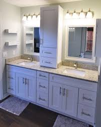 Ice White Shaker Vanities With Countertop Wall Cabinet Dual Sinks And Granite Countertop Easy Bathroom Decorating Granite Bathroom Countertops Bathroom Decor