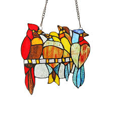 Birds On A Wire Stained Glass Hanging Panel Chloe Tiffany Style Bird Design Stained Glass Window Panel Suncatcher Multi Color Multicolor Chloe Lighting Window Panels Bird Design Stained Glass