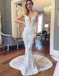 Für ein hochzeitskleid mermaid, in der regel, seide oder chiffon stoffe, sowie satin und spitze. Mermaid V Neck Backless Court Train Wedding Dress With Lace Appliques Hochzeitskleid Eng Hochzeitskleid Hochzeitskleid Meerjungfrau