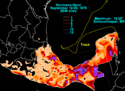 Henri has 65 mph winds moving west at eight mph and is 190 miles southwest of bermuda. Hurricane Henri Wikipedia