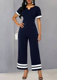 Notch Neck Contrast Piping Short Sleeve Jumpsuit Rotita Com Usd 31 85 Jumpsuit With Sleeves Short Sleeve Jumpsuits Blue Jumpsuits