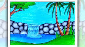 How To Draw Easy Scenery Waterfall Scenery Drawing Easy Easy Drawings Scenery Drawing For Kids Canvas Painting Projects How to draw nature scenery of waterfall, sunset, and houses | easy sunset over waterfall scenery drawing.