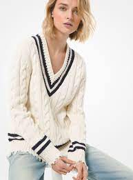 Michael Kors Hand Knit Cashmere Frayed Tennis Sweater In Blue Lyst