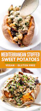 Vegan Stuffed Sweet Potatoes With Mediterranean Quinoa Vegetarian Healthy In 2020 Vegan Sweet Potato Stuffed Sweet Potato Healthy Sweet Potato Recipes