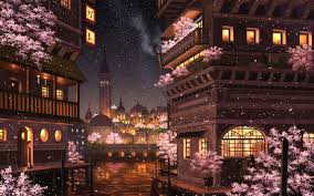Anime back grounds of the city or any place. Download 2880x1800 Anime City Sakura Blossom Night Buildings Lights Stars River Wallpapers For Macbook Pro 15 Inch Wallpapermaiden