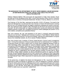 Telekom malaysia bhd (tm) has appointed noor kamarul anuar nuruddin as its new managing director/group chief executive officer/executive. Ibrahim Sani On Twitter Dato Noor Kamarul Anuar Nuruddin Is Tm Malaysia S New Managing Director Md Group Chief Executive Officer Gceo Executive Director Ed He Replaces Imri Unifi News On