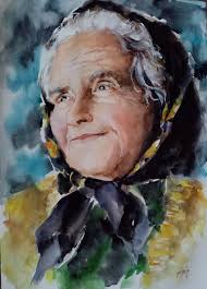 Brave young mother and children" Watercolor