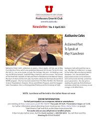 Acclaimed Poet To Speak at May 9 Luncheon Katharine Coles