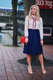 Red White And Blue For A Feminine But Professional Business Casual Look This Bow And Ribbon Embellish Blue Midi Skirt Blue Blouse Outfit Casual Skirt Outfits