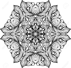Coloring, the act of adding color to the pages of a coloring book; Mandala Made Of Floral Elements And Butterflies Coloring Page Royalty Free Cliparts Vectors And Stock Illustration Image 58026937