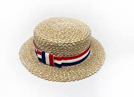 Natural Straw Boater Hat With Red White And Blue Ribbon Etsy Boater Hat Straw Boater Boater